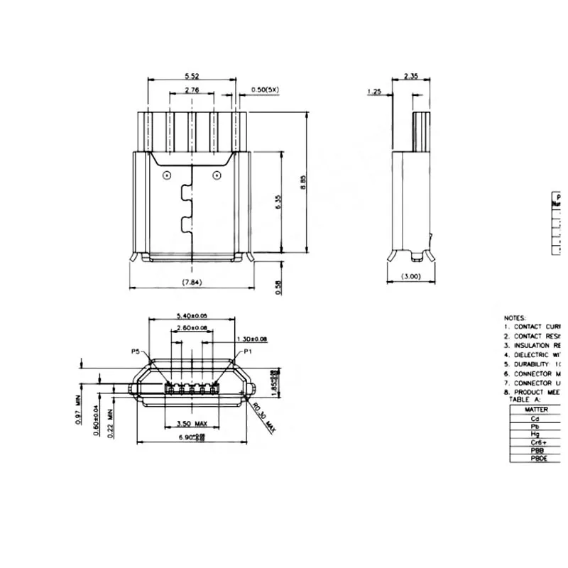 Type B V8 Warp Edge 5Pin USB Connectors Female Micro USB Connector Port Jack Sockect Terminals Tail Plug