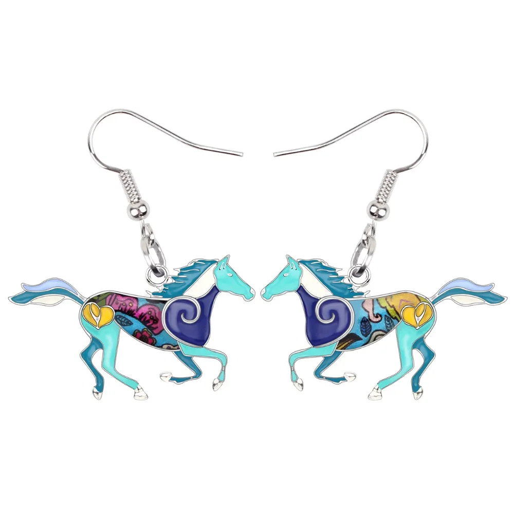 Bonsny Enamel Alloy Floral Running Horse Earrings Drop Dangle Big Hot Fashion Animal Jewelry For Women Girls Teen Gift Wholesale