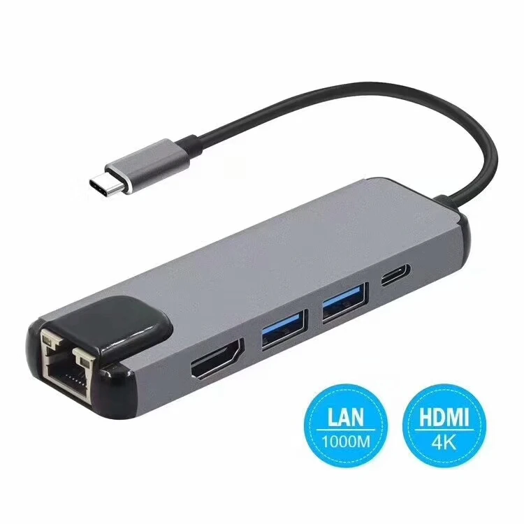 5 in 1 USB Type C Hub HDMI-compatible Hub to Gigabit Ethernet Rj45 Lan Adapter for Macbook Pro Thunderbolt 3 USB-C Charger Port