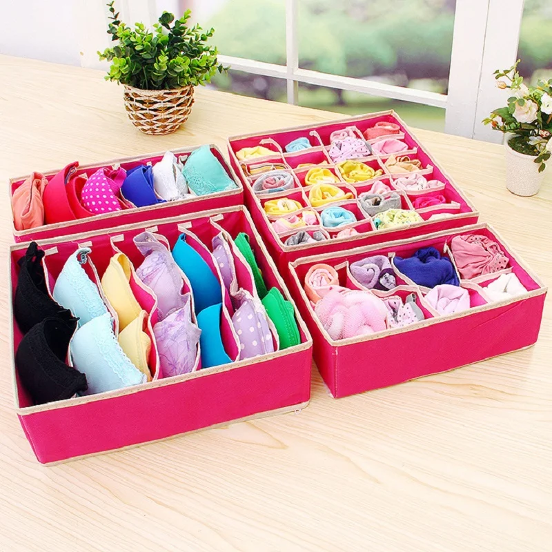 HOT ! Multi-function Women Underwear Underpants Storage Box Four Sets ( 6+7+8+24) Grids Non-woven Socks Storage Box 2 Colors