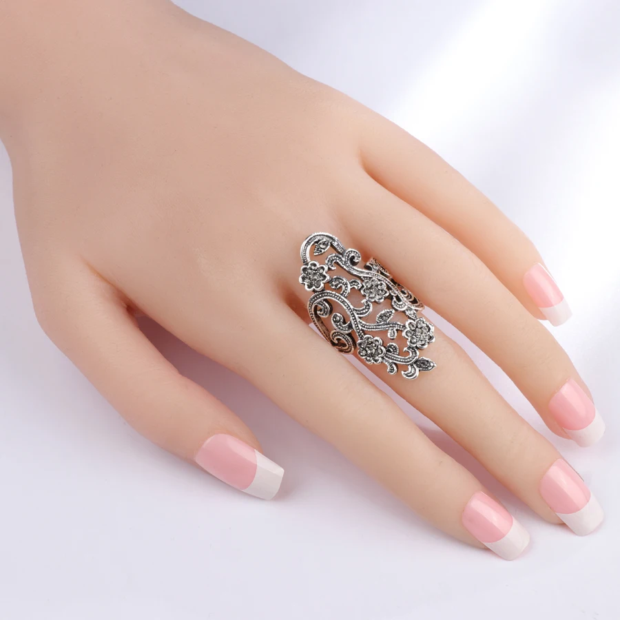 Kinel Graceful Antique Tibetan Silver Crystal Flower Rings For Women Vintage Jewelry Gray Crystal Big Ring Party Accessories