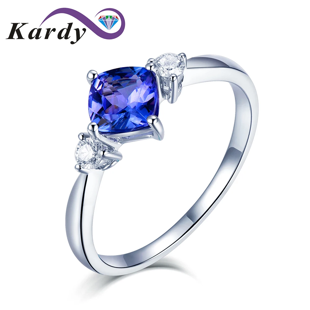 

Simple But Fashion Blue Natural Tanzanite Gemstone Cushion Cut Full Cut Diamond Wedding Solid 14K White Gold Band Ring For Women