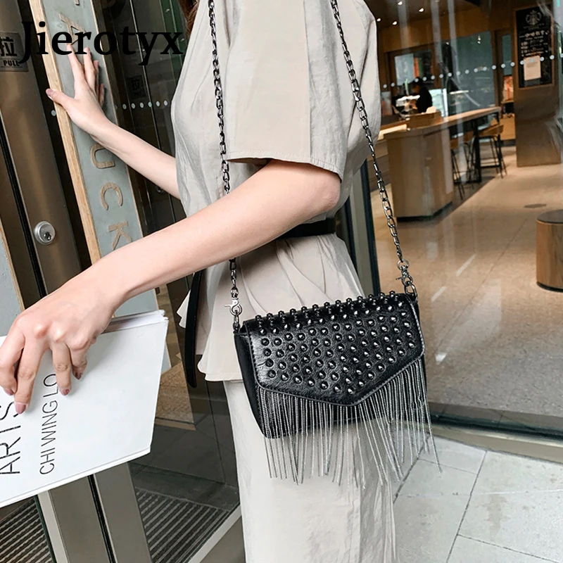 JIEROTYX-Mini bolsa de ombro para fêmea, rebites de couro preto, bolsa crossbody, diamantes borla, design de marca, moda