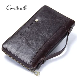 Contact's-cartera de mano de cuero de vaca para hombre, billetera informal con tarjetero, monedero con cremallera y soporte para pasaporte, funda de teléfono para hombre, billetera larga