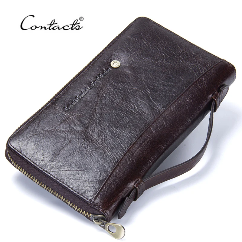 Contact's Cow Leather Men Casual Clutch Wallet Card Holder Zipper Purse With Passport Holder Phone Case For Male Long Wallet