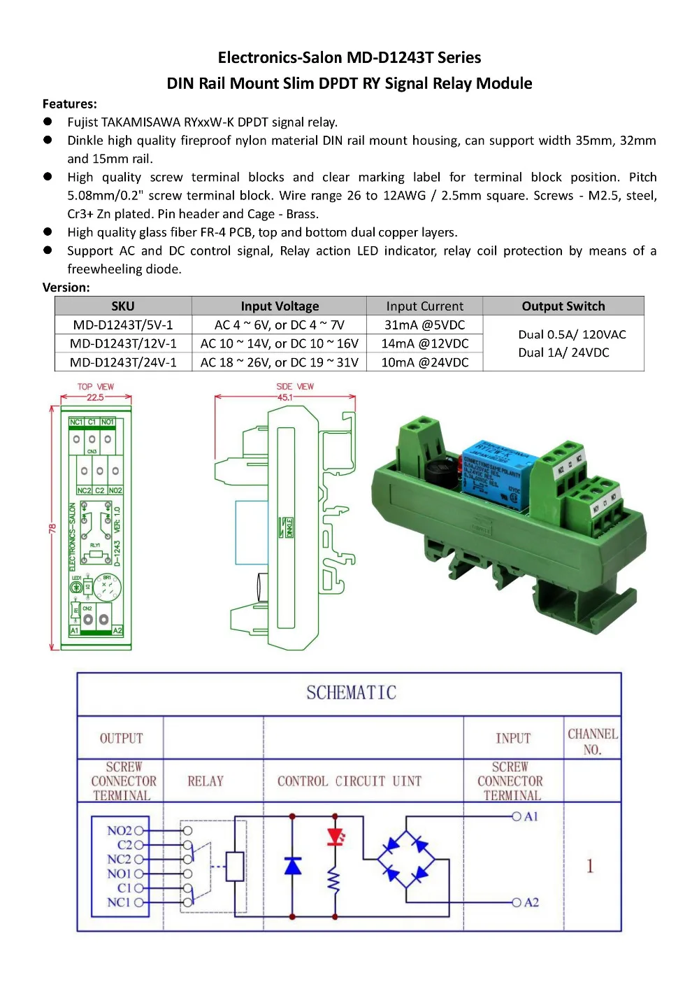 Electronics-Salon AC/DC 5V Slim DIN Rail Mount DPDT Signal Relay Interface Module, RY5W-K.