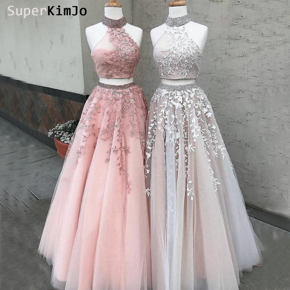 SuperKimJo Vestidos De Fiesta dwuczęściowe suknie balowe długie 2023 na szyję koronkowa aplikacja zroszony elegancka suknia wieczorowa Robe De Soiree