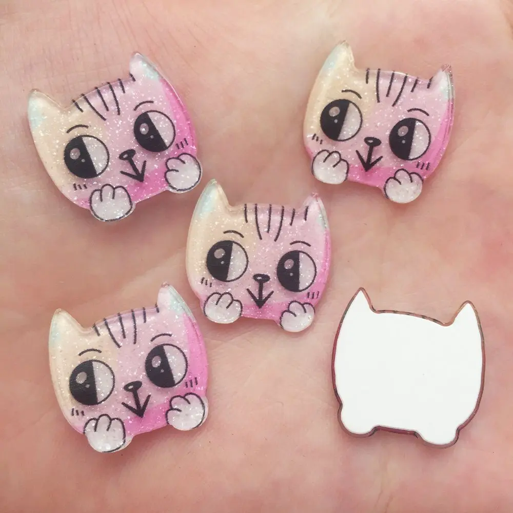 Glitter Pink Cat Flat back Acrylic sheet  Miniature pattern applique 10pcs DIY Wedding scrapbook craft OF623