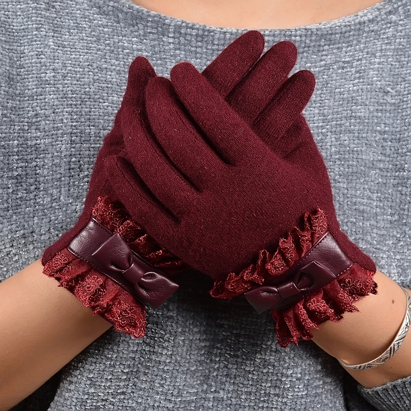 [BYSIFA] Ladies Pink Rabbit Hair Wool Mittens Gloves Fashion Women Gloves Elegant Lace Embroidery Bow Tie Thick Warm Soft Gloves