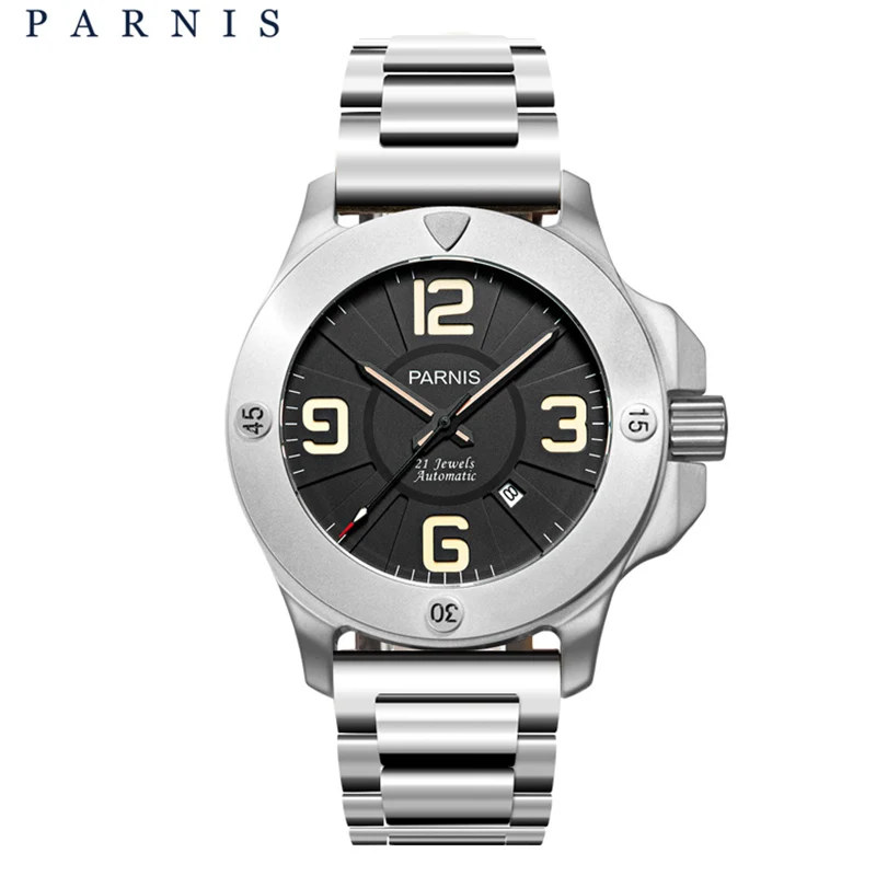 Imagem -02 - Masculino Casual Parnis Relógio Mecânico Militar Pulseira Automática de Couro Cristal Safira Marca Superior Luxo Caixa de Presente 47 mm 2023