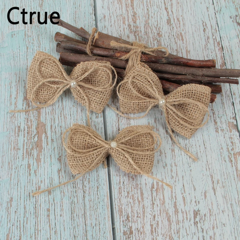 50pcs/lot Jute Burlap Hessian bow with Artificial bead Vintage Wedding Decoration Handmade Craft DIY rustic wedding centerpieces