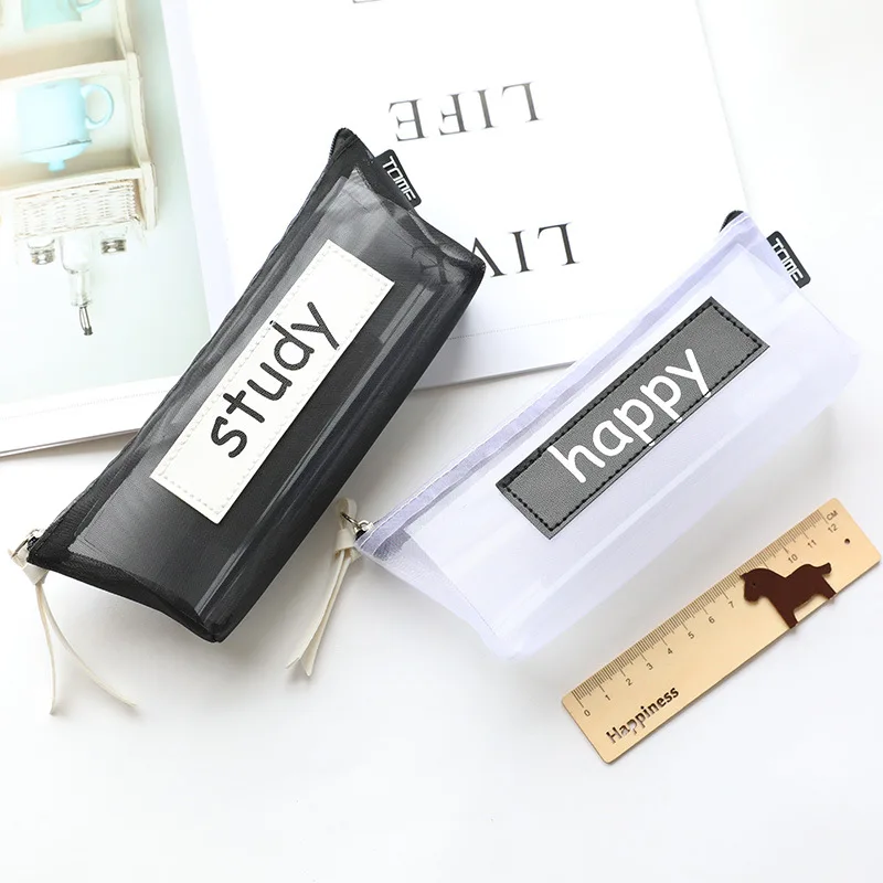 

Fashion Transparent Mesh Pencil Case Girl Sunglass Makeup Pencilcase School Office Supply Stationery Woman Cosmetics Bag Gift