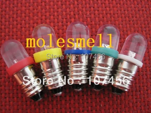 Free shipping 100pcs Red+Yellow+Blue+Green+White 9V 12V E10 1447 style Screw In Led Bulb Light