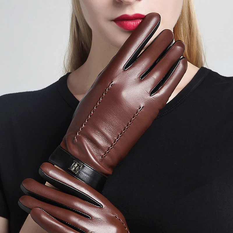Guanti da donna in vera pelle Guanti femminili eleganti in pelle di pecora bicolore Autunno Inverno caldo foderato in peluche 3326