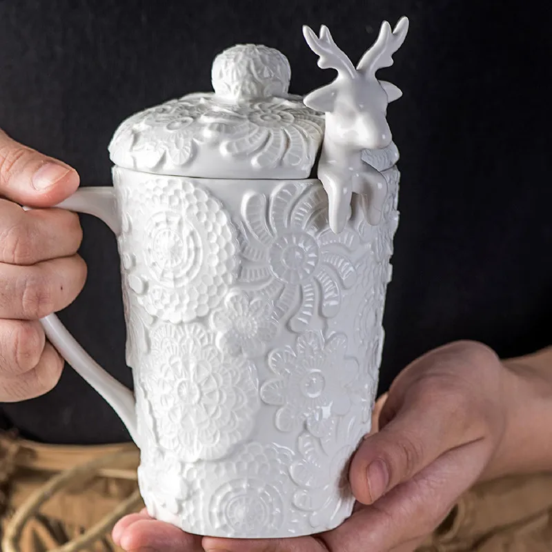 

Кофейная кружка с крышкой, чайная чашка, классическая кружка, белая чашка, Рождественская кружка, рельефный фарфор, олень, фотография, 1 комплект