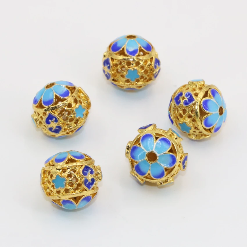 Top quality round ball hollow carved enamel cloisonne 13*14mm 5pcs gold-color spacers accessories beads fashion jewelry B2515