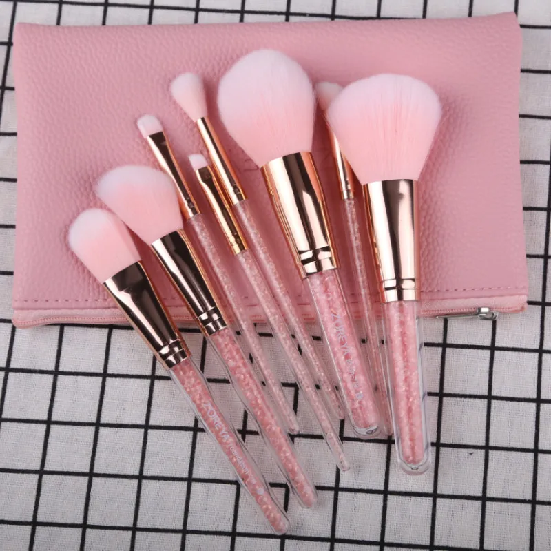 ZOREYA 8PCS Pink Crystal Makeup Brushes With Super Soft Synthetic Hair Foundation Blush Concealer Eye Brow Make Up Brush Set