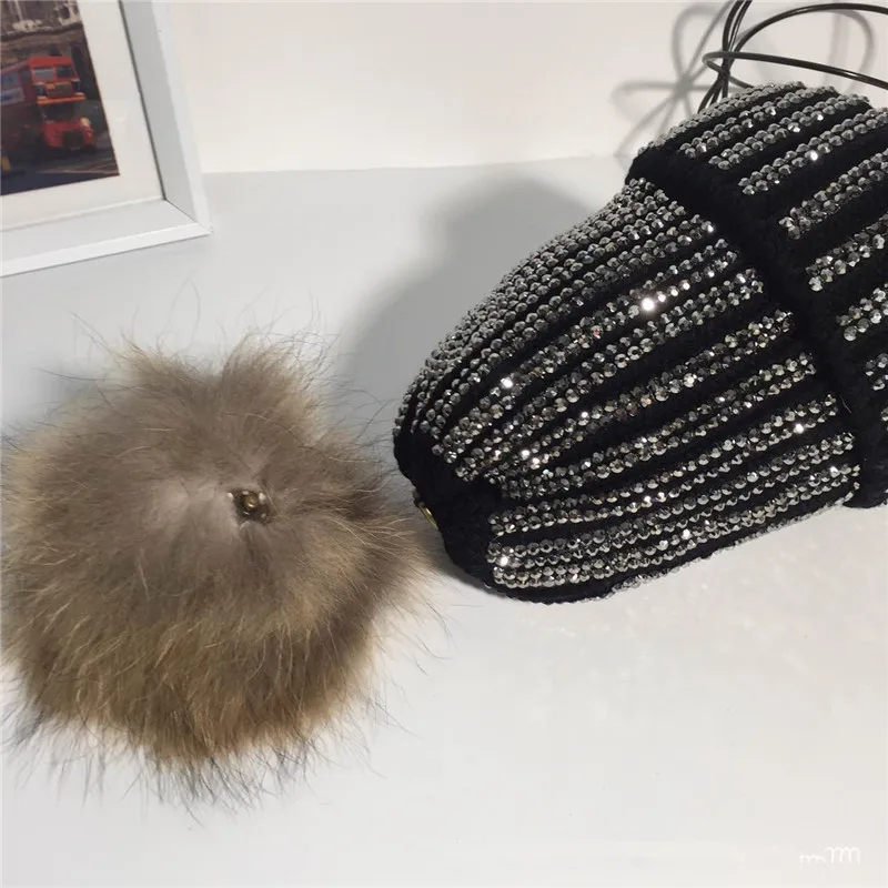 KNB013 Removable Winter Warm Fur Pom pom Knitted Hats Women Handmade Striped Rhinestone Bones Skullies Beanie With 15cm Fur Ball