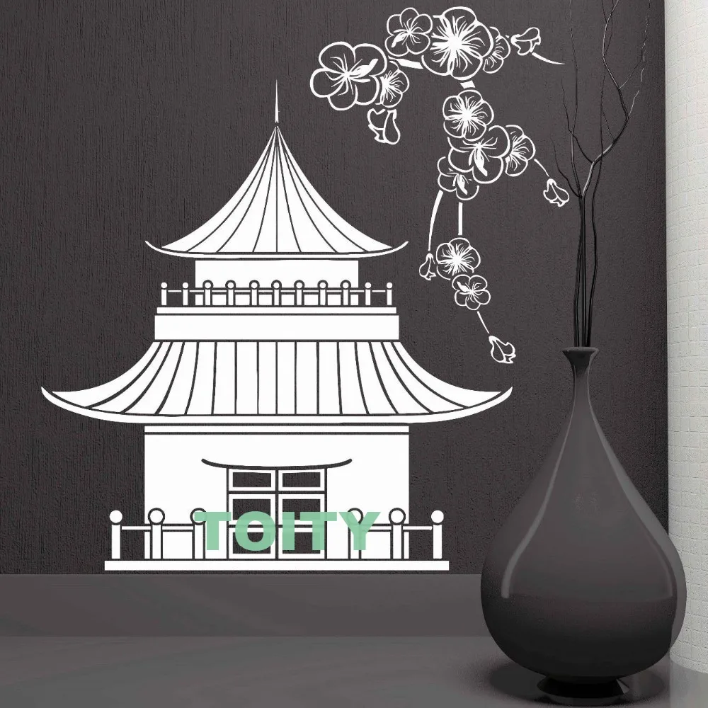 Vinyl Wall Stickers Pagoda Japan Japanese Sakura Asian Art Decal Home Room Interior Design Art Decor Murals H63.5cm x W57cm