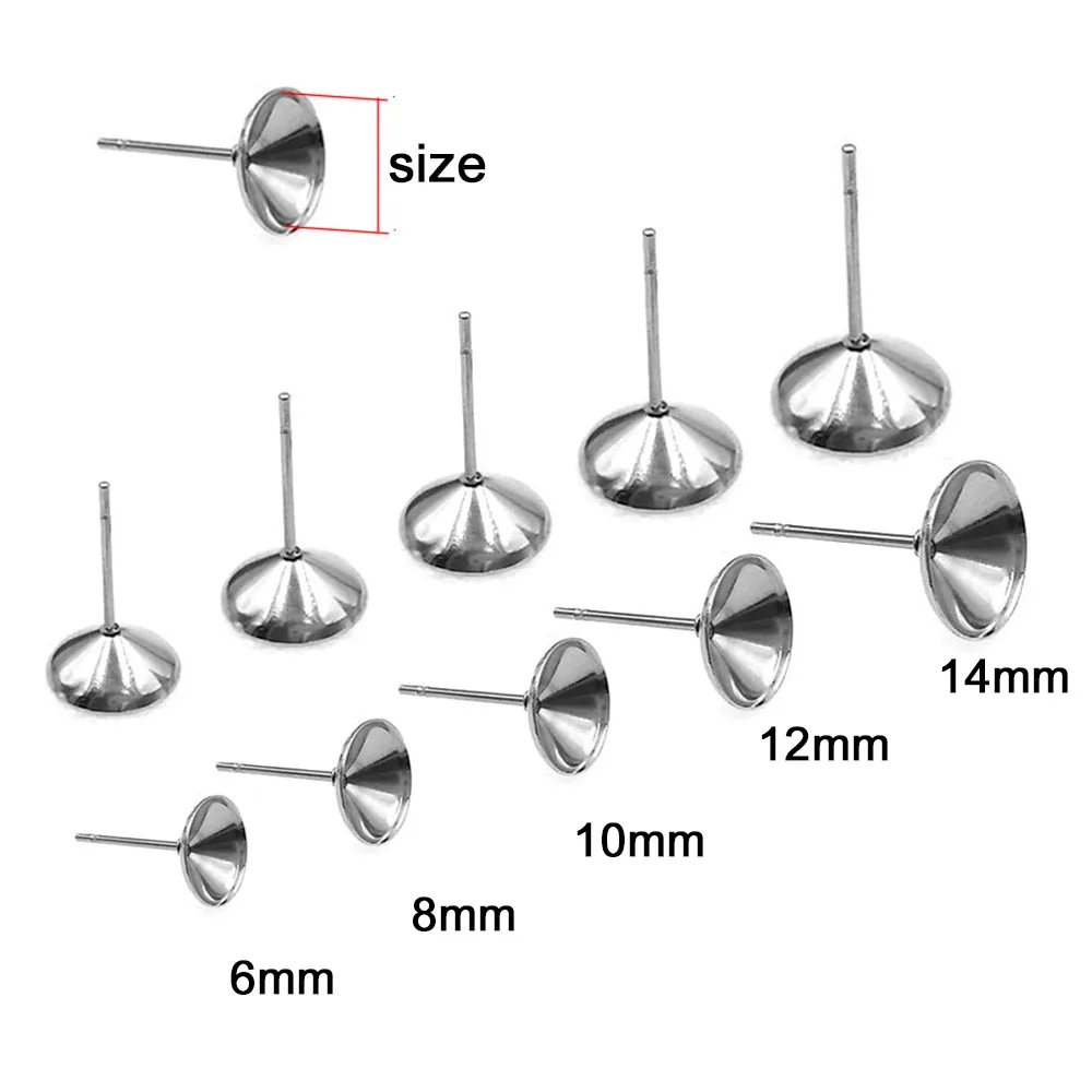 100 unids/lote de pendientes redondos de cristal de acero inoxidable, ajuste para joyería, fabricación de pendientes DIY, hallazgos de cabujón