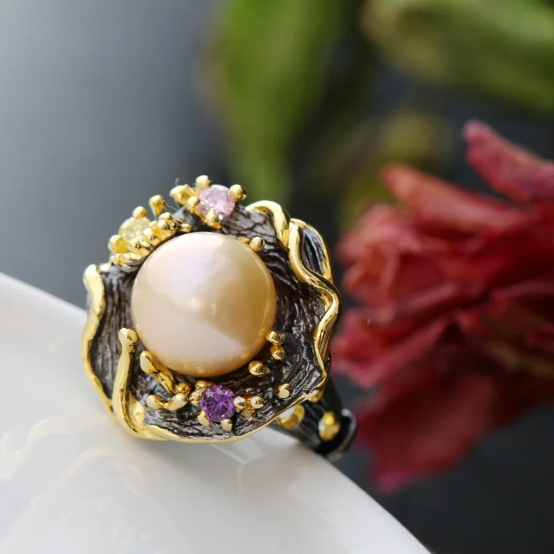 wholesale  925 sterling silver ring Restoring ancient ways with natural pearl ring by hand Silver female ring