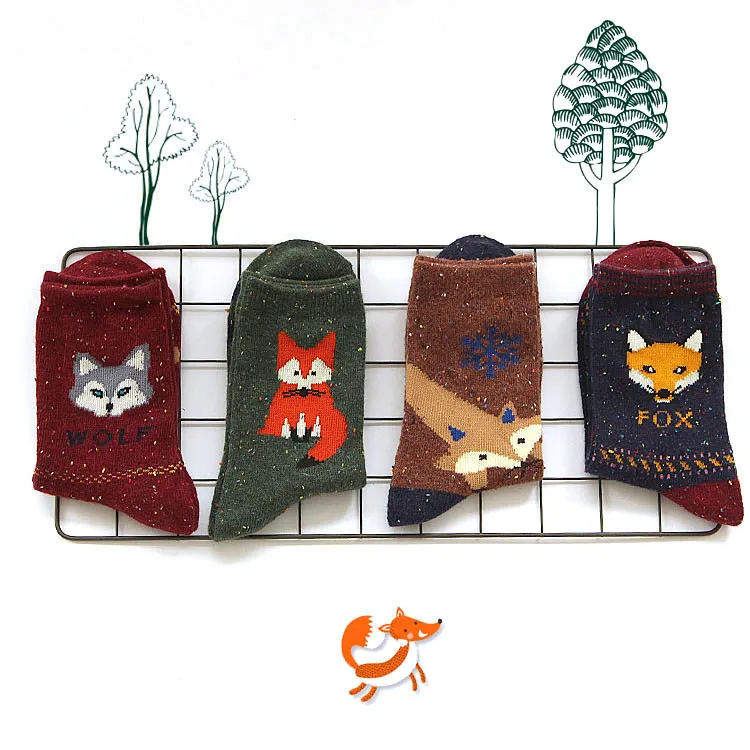 Korean thick wool cotton women girl crew socks autumn winter of Harajuku animal Fox Wolf striped sox brand lovely cute christmas