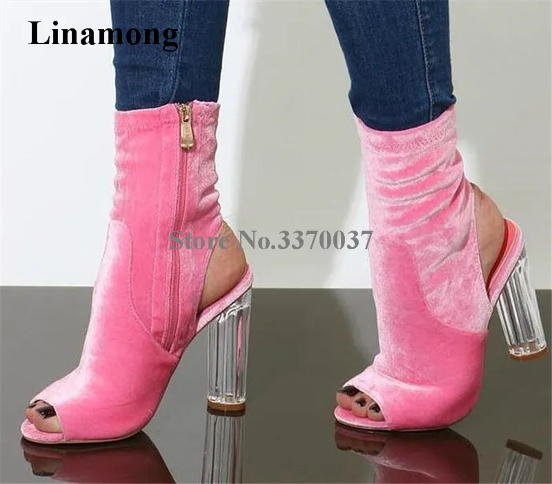 Women Charming Pink Velvet Open Toe Transparent Chunky Heel Short Boots Cut-out Crystal Thick High Heel Ankle Booties Dress Shoe