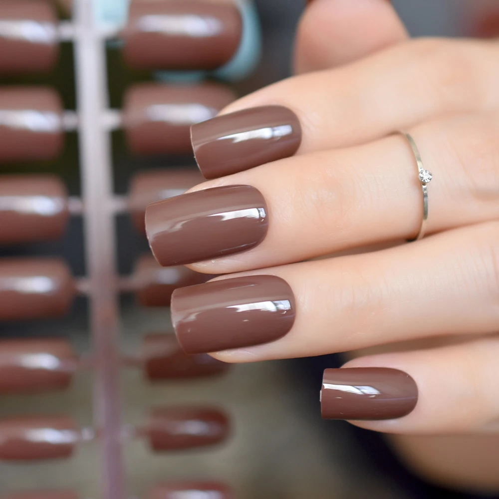 Café marrom unhas falsas ponta de chocolate efeito uv falso prego cobertura completa comprimento médio quadrado abs artificial diy manicure do prego