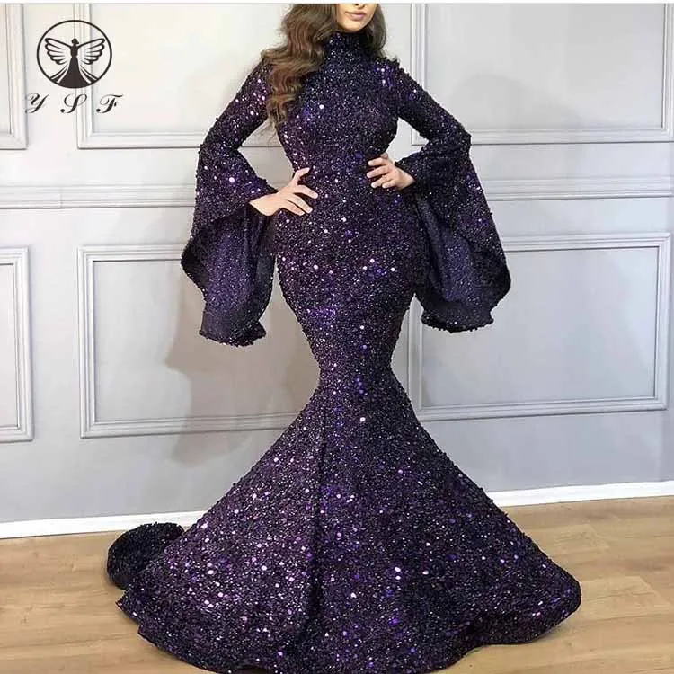 Sexy Vestidos De Fiesta Gola Alta Shinny Bling Bling Manga Comprida Trem Da Varredura Vestidos de Noite 2019