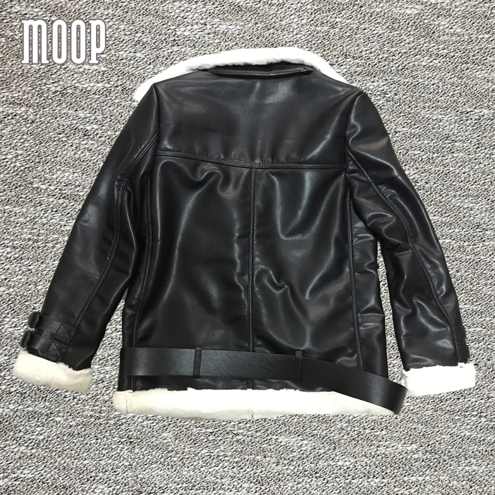 American style black PU leather jackets coats thick real rabbit fur lined leather motorcycle jacket veste en cuir femme LT1014