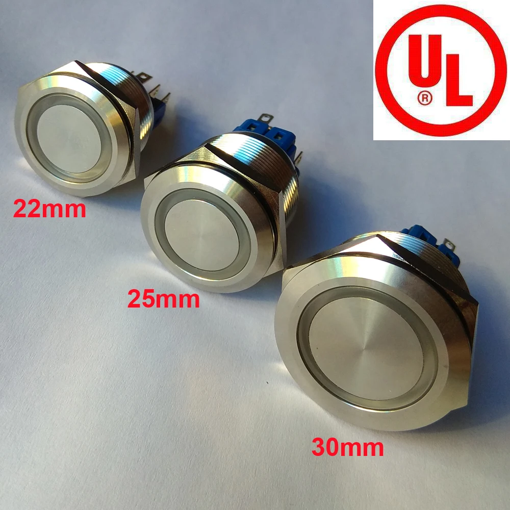 16mm 19mm 22mm 25mm 30mm 3V 12V 24V 220V Ring Led Light Momentary Push Buttons Switch DPST Metal Industrial Boat Car DIY Switch