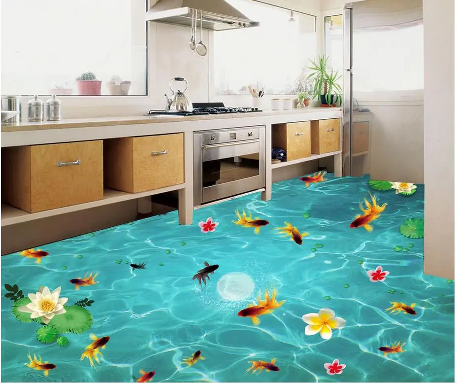 Floor 3D wallpaper Beach floor murals in wall stickers Lake fish lotus 3D floor Waterproof floor mural painting