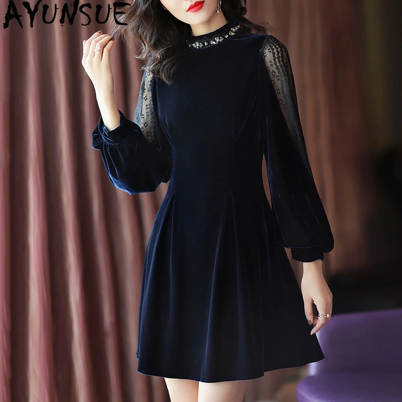 

Spring Autumn Velvet Dress Women Clothes 2020 Vintage Elegant Mini Dress Women Black Mesh Dress Ladies Dress Vestidos MY2419