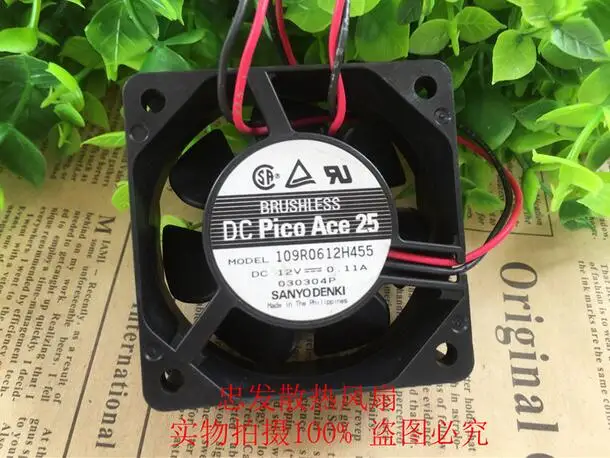 Original SANYO 109R0612H455 6025 12V 0.11A 2 wire dual ball 6 cm computer cooling fan