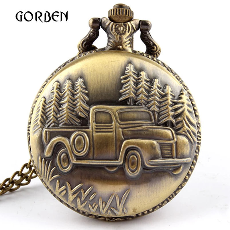 Retro Bronze Car Truck Pocket Watch Antique steel pocket fob watches long chain Necklace Gift relogio de bolso