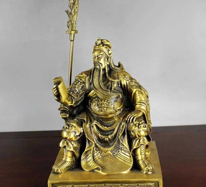 25CM China brass copper Gong Yu Guan Gong warrior sit Dragon Chair read Book Statue