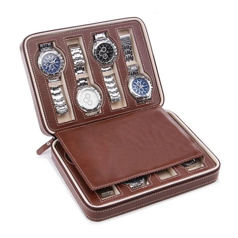 Fashion Quality 8 Grids Leather Watch Box Luxury Zipper style for travelling storage Jewelry Watch Collector Cases Organizer Box