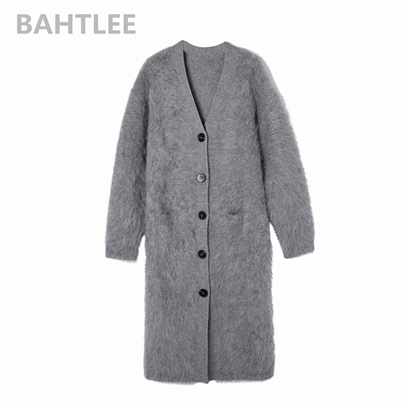 BAHTLEE-Women\'s Angora Long Cardigans, Wool Knitted Sweater, Mink Cashmere, V-Neck, Button Pocket, Thick, Keep Warm, Winter