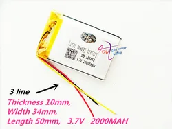 3 wires 103450 3.7V 2000MAH lipo polymer lithium rechargeable battery for MP3 GPS navigator DVD recorder headset e-book camera