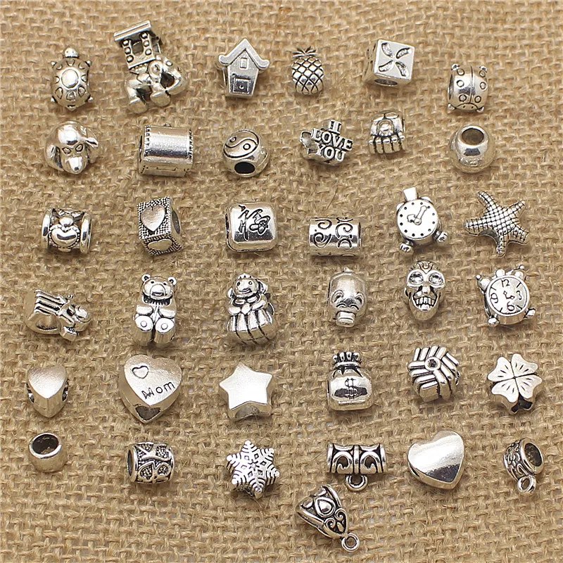 50Pcs Vintage Big Hole Beads Fit Bracelets  Charms Antique Metal Mixed DIY Beads Charm for Bracelets