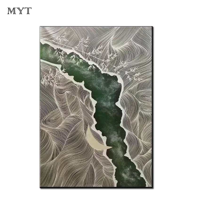 

Myt Plants Green River Oil Painting On Canvas Wall Original Design Yellow Black And White Line Extrusion New Arrival Pictures