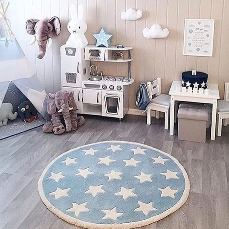 Star Rug Tapete Infantil Round Nordic Cotton Floor Mat Kilim Soft Blue Rugs for Baby Children Kids Bedroom Living Room Decor