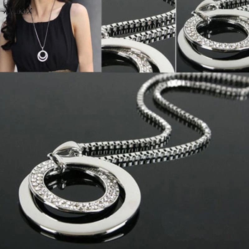 1Pc Womens Fashion Rhinestone Double Circle Long Chain Pendant Necklace Gifts