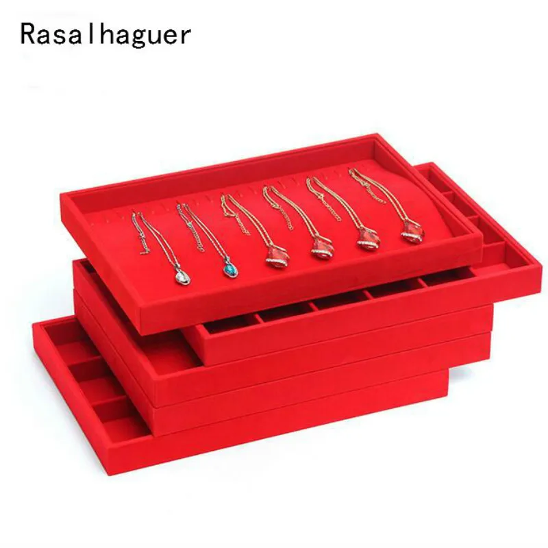 Selling Big Red Velvet Jewelry Tray Display Jewellery Box Ring Organizer Showcase Necklace Shelf Earring Storage Bracelet Stand