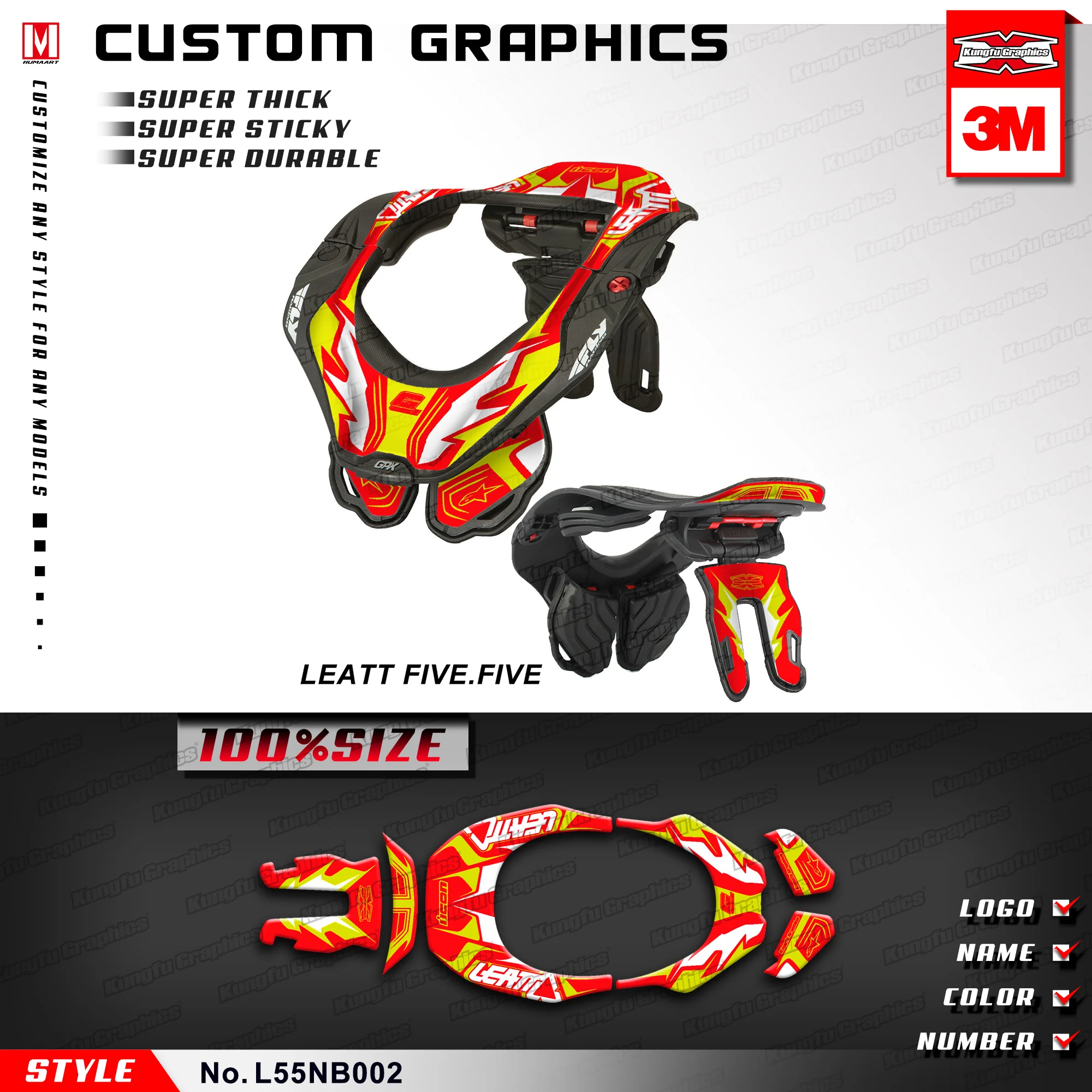 

KUNGFU GRAPHICS Motocross Stickers MX Decals Adhesive Red Yellow Decor Fit Leatt 5.5 Neck Brace 2012-2016 (Style no. L55NB002)