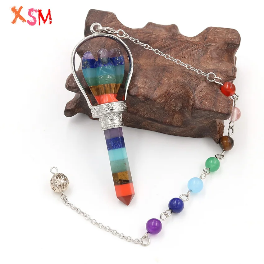 xinshangmie Chakra Hexagon Prism Angel Scepter Pendant Reiki Charm Healing Layered Pendulum Pendant With Chakra Beads Chain 1pcs