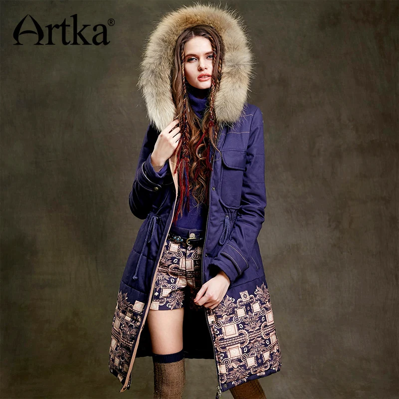 ARTKA Fur Parka Women Winter Down Jacket 2018 Warm Parka Ethnic Print Coat Female Long Raincoat Drawstring Waist Jacket MA15157D