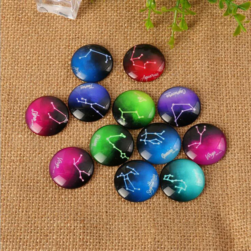 

60pcs 12 Constellations Round Handmade Photo Glass Cabochons & Glass Dome Cover Pendant Cameo Settings