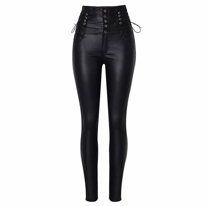 Spring winter lace up Pu Leather Pants 2022 Punk high waist black pants Street buttton Skinny Stretch leggings pencil trousers