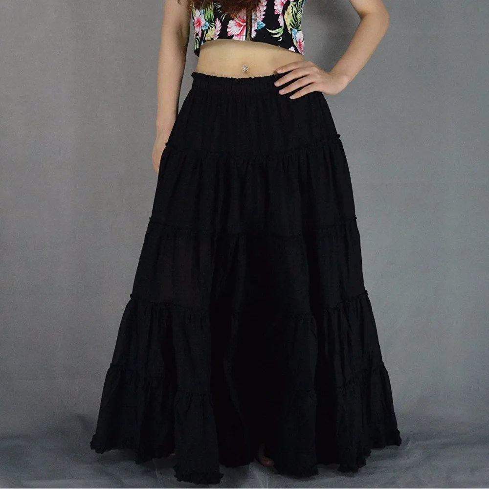 2018 Summer Casual Gypsy BOHO Full Circle 100% Cotton Dance Black Female Pleated Long Maxi Skirts with Womens